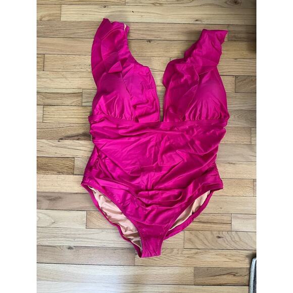NWT J. Crew Pink Fushia One Piece Swim Suit Ruched Ruffle V Neck Women's 22 - Picture 2 of 10